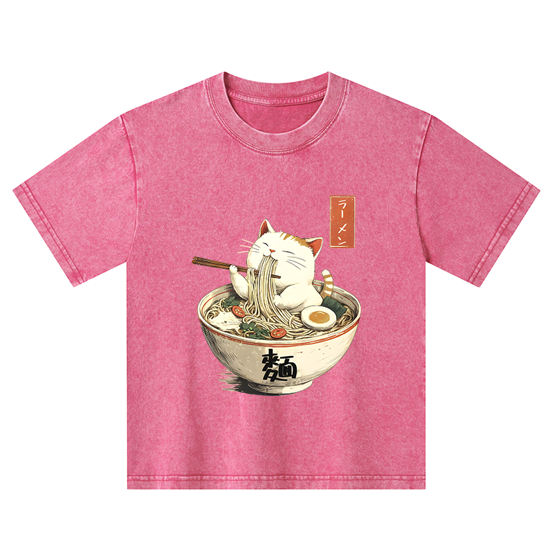 Tokyo-Tiger White Cat Eating Ramen Japan Kids Washed T-Shirt