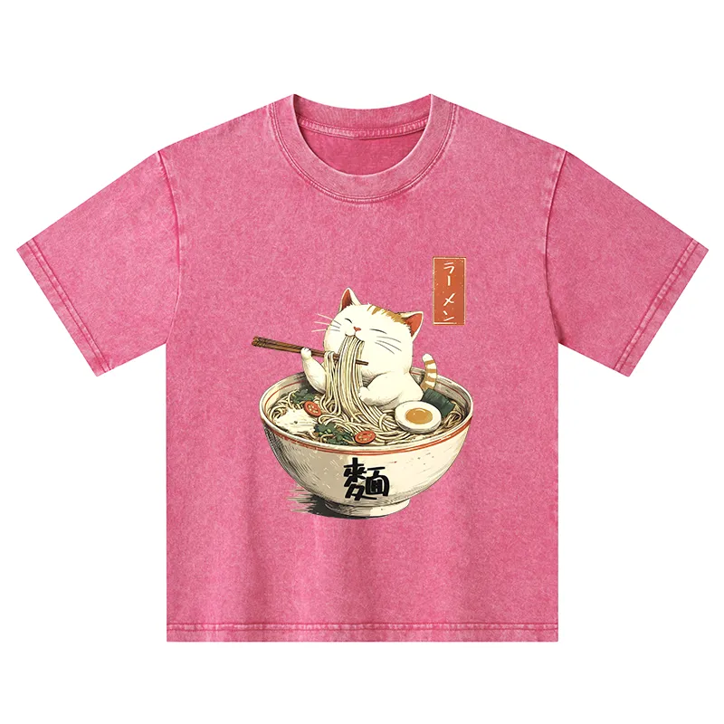 Tokyo-Tiger White Cat Eating Ramen Japan Kids Washed T-Shirt