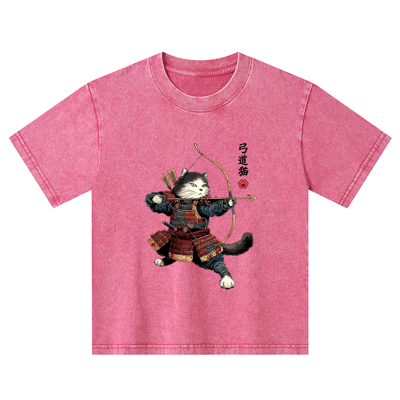 Tokyo-Tiger Kyudo Samurai Cat Kids Washed T-Shirt