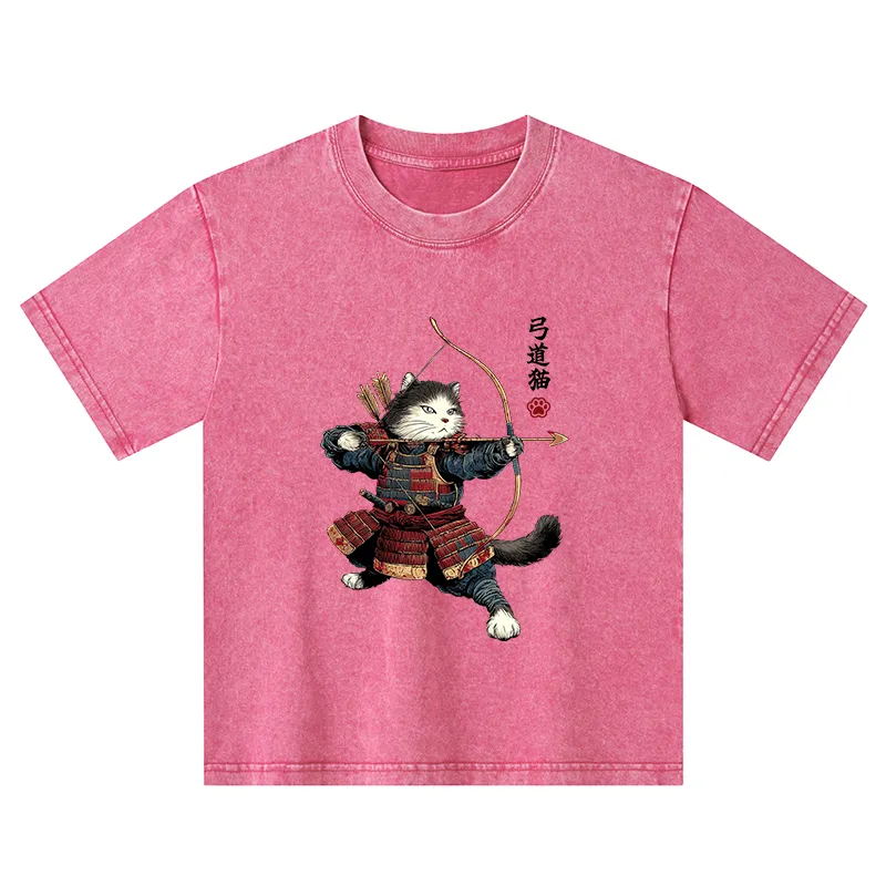 Tokyo-Tiger Kyudo Samurai Cat Kids Washed T-Shirt