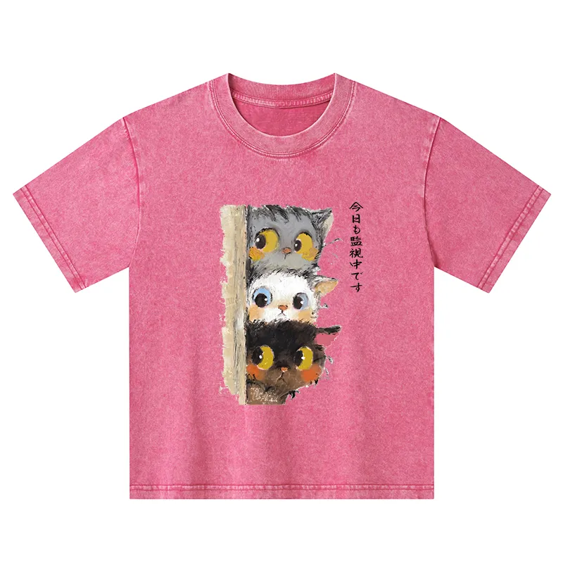 Tokyo-Tiger Three Cats Secretly Monitor Their Owner Kids Washed T-Shirt