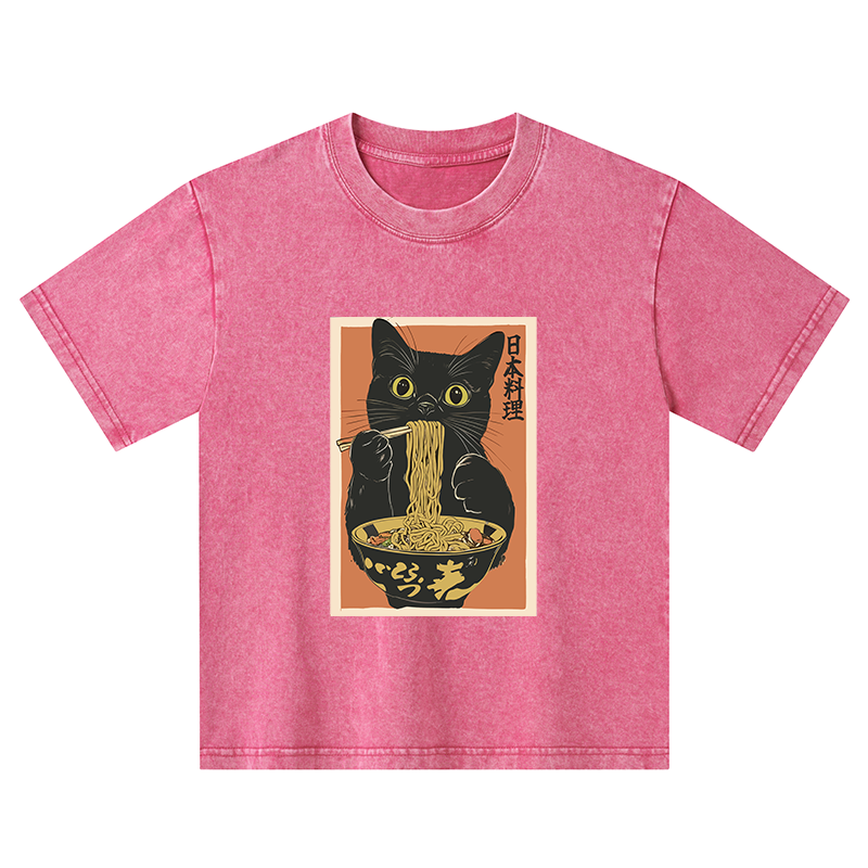 Tokyo-Tiger Black Cat Eats Japan Ramen Kids Washed T-Shirt