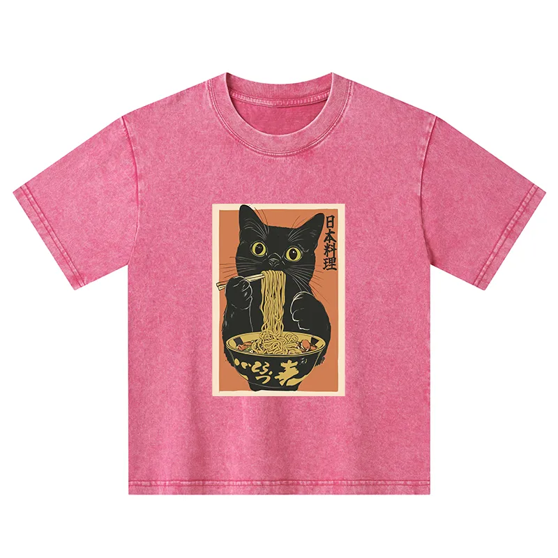 Tokyo-Tiger Black Cat Eats Japan Ramen Kids Washed T-Shirt