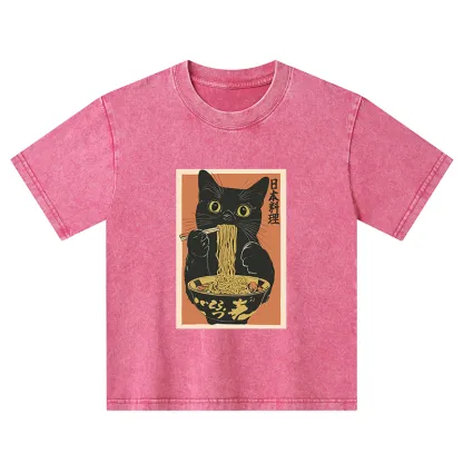 Tokyo-Tiger Black Cat Eats Japan Ramen Kids Washed T-Shirt