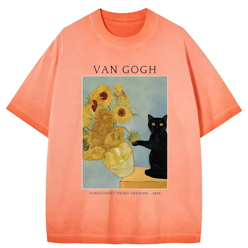 Tokyo-Tiger Black Cat With Sunflowers Gradient Washed T-Shirt
