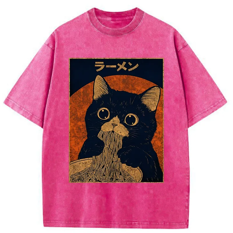 Tokyo-Tiger Retro Black Cat Eats Delicious Ramen Washed T-Shirt