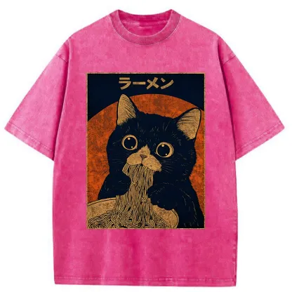 Tokyo-Tiger Retro Black Cat Eats Delicious Ramen Washed T-Shirt
