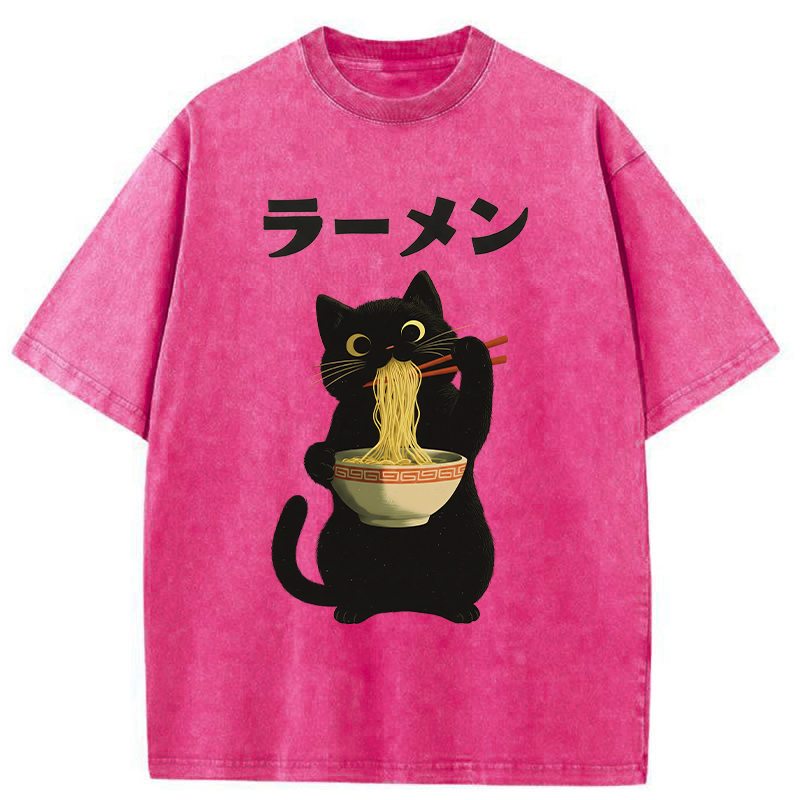 Tokyo-Tiger Black Cat Ate A Large Bowl Of Ramen Washed T-Shirt