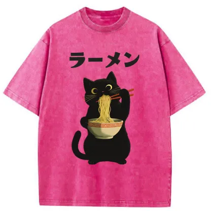 Tokyo-Tiger Black Cat Ate A Large Bowl Of Ramen Washed T-Shirt