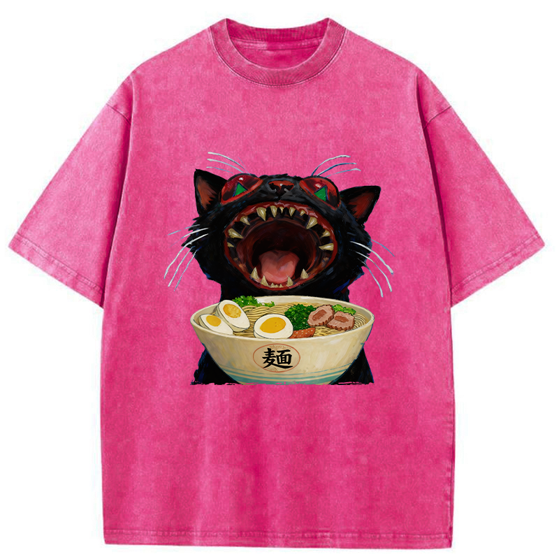 Tokyo-Tiger Black Cat Is Ready To Eat Ramen Washed T-Shirt