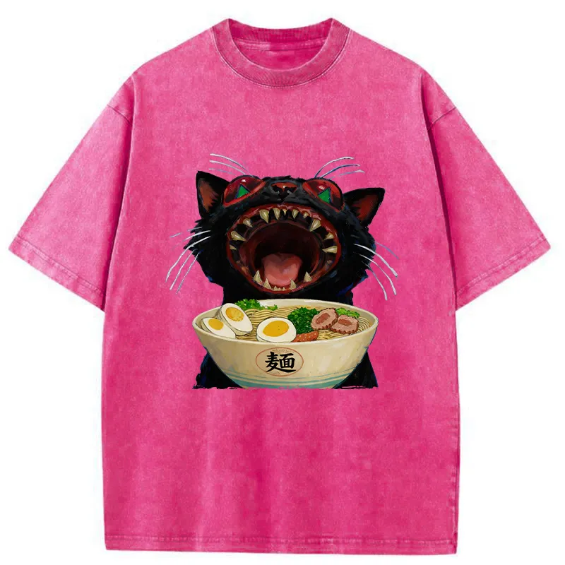 Tokyo-Tiger Black Cat Is Ready To Eat Ramen Washed T-Shirt
