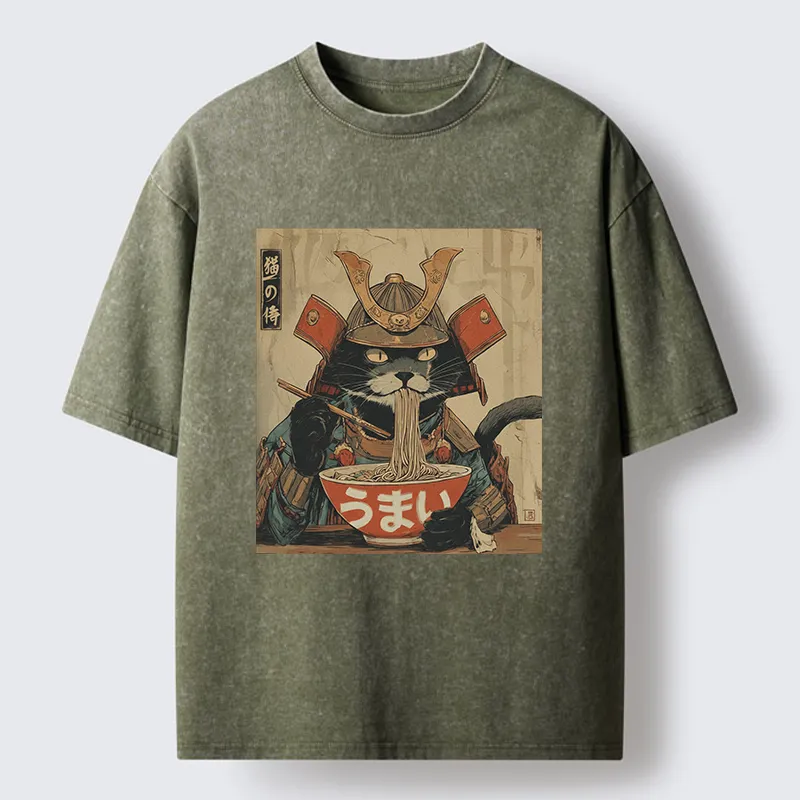Tokyo-Tiger Cat Japanese Samurai Eating Ramen Washed T-Shirt