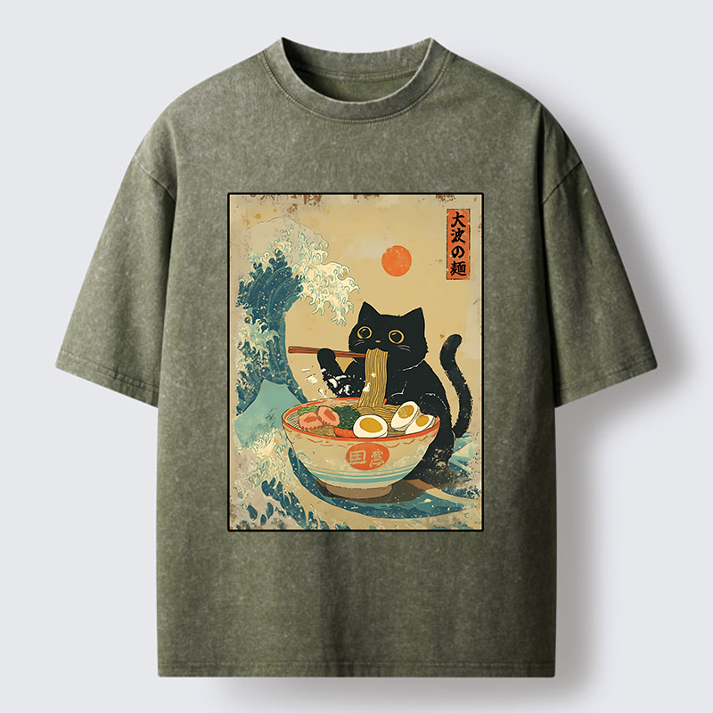 Tokyo-Tiger Cat Eats A Large Portion Of Ramen Washed T-Shirt