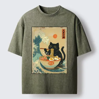 Tokyo-Tiger Cat Eats A Large Portion Of Ramen Washed T-Shirt