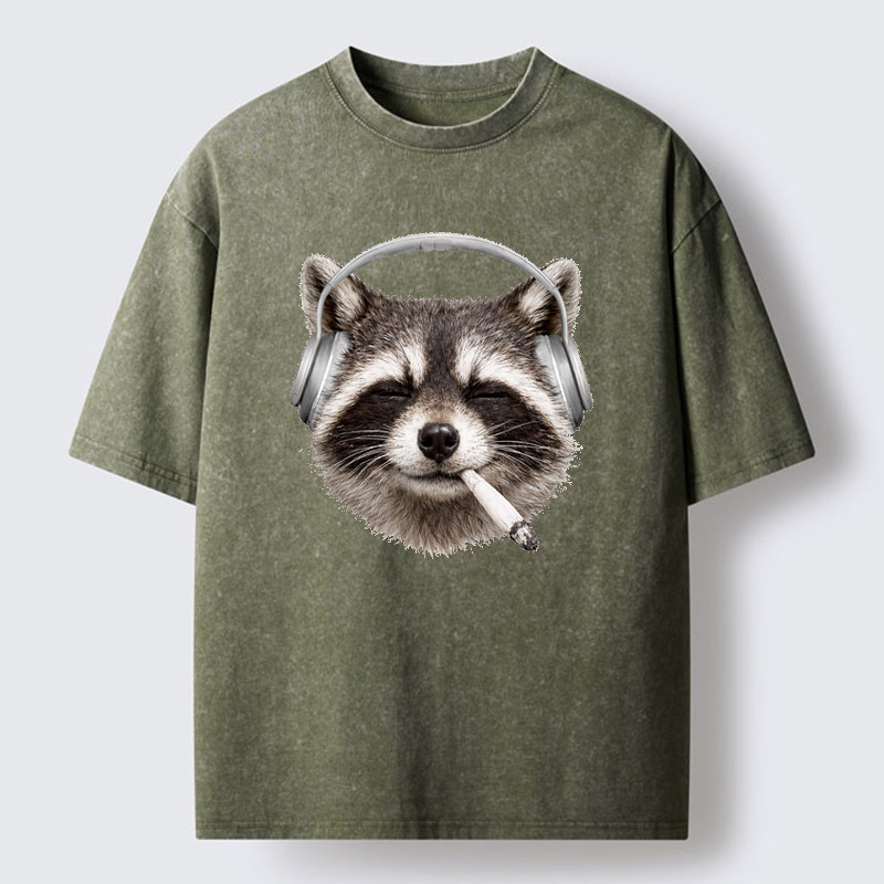 Tokyo-Tiger Raccoon Listening To Music Now Washed T-Shirt