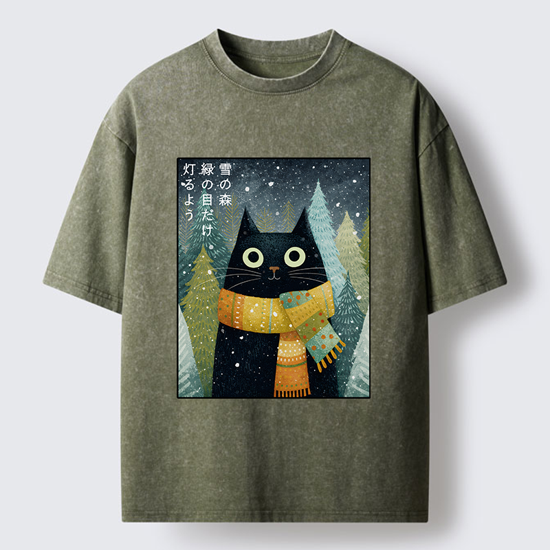Tokyo-Tiger Black Cat With Green Eyes Washed T-Shirt