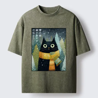 Tokyo-Tiger Black Cat With Green Eyes Washed T-Shirt