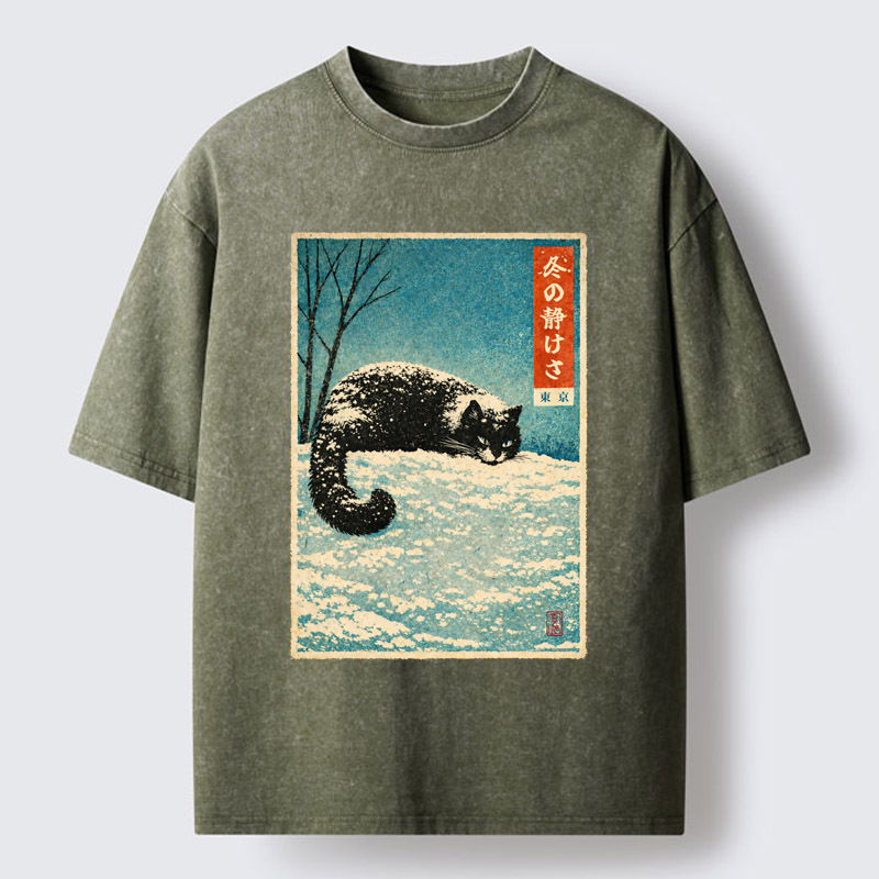 Tokyo-Tiger A Cat In Winter Silence Washed T-Shirt