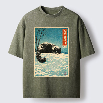 Tokyo-Tiger A Cat In Winter Silence Washed T-Shirt
