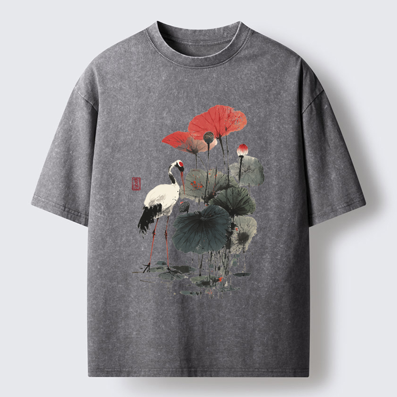 Tokyo-Tiger White Crane Among Lotus Washed T-Shirt