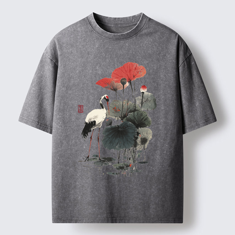 Tokyo-Tiger White Crane Among Lotus Washed T-Shirt