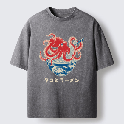 Tokyo-Tiger Octopus Eating Ramen Washed T-Shirt