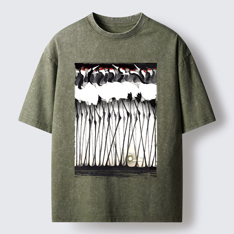 Tokyo-Tiger Crane Flock Ancient Painting Washed T-Shirt