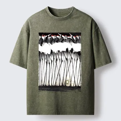 Tokyo-Tiger Crane Flock Ancient Painting Washed T-Shirt