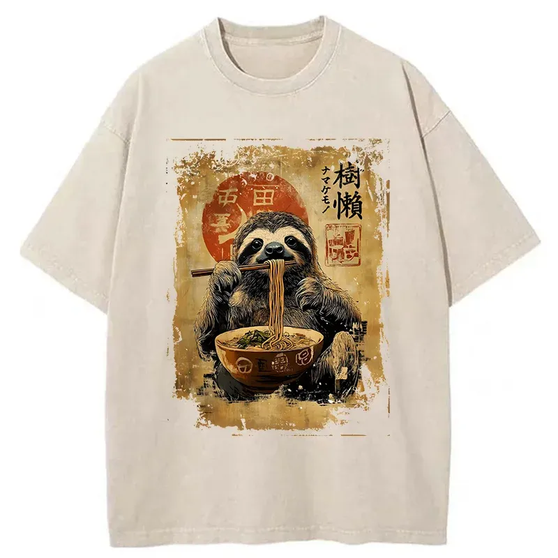 Tokyo-Tiger Sloth Eating Ramen Washed T-Shirt