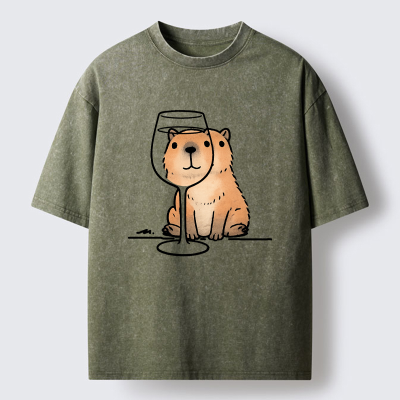 Tokyo-Tiger Capybara With A Glass Washed T-Shirt
