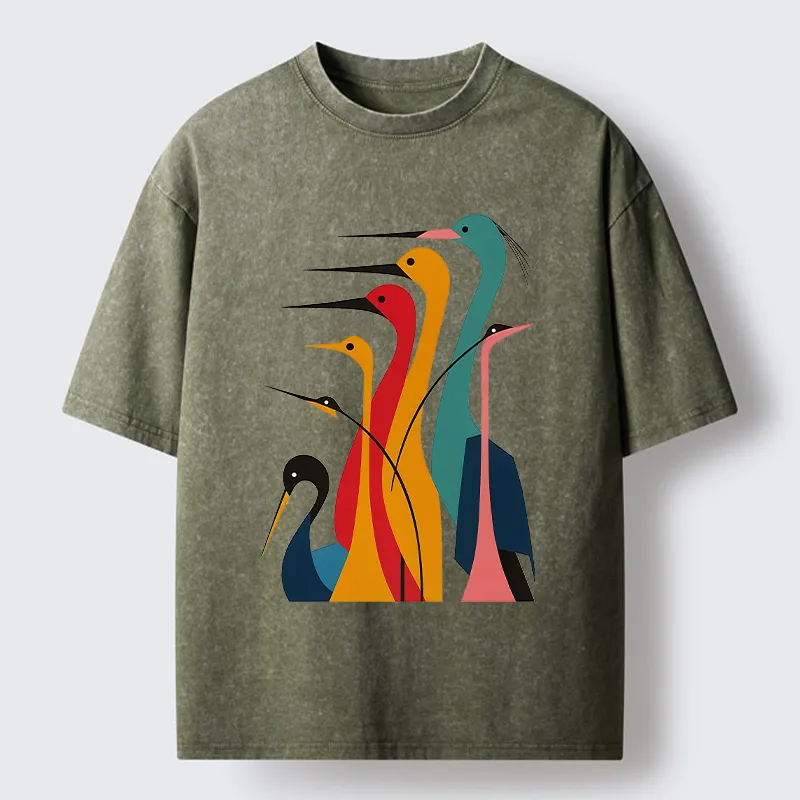 Tokyo-Tiger Various Types Of Cranes Washed T-Shirt