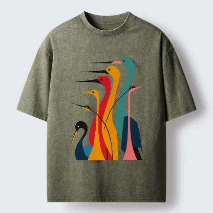 Tokyo-Tiger Various Types Of Cranes Washed T-Shirt