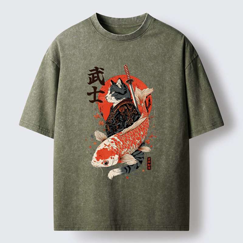 Tokyo-Tiger Samurai Cat And Koi Washed T-Shirt