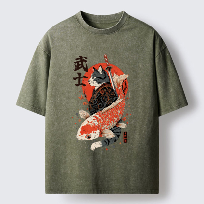 Tokyo-Tiger Samurai Cat And Koi Washed T-Shirt