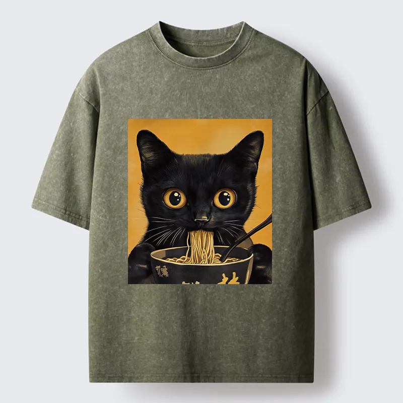 Tokyo-Tiger Cute Black Cat Eating A Big Bowl Of Ramen Washed T-Shirt