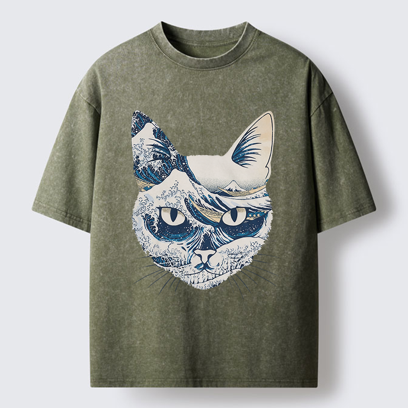 Tokyo-Tiger Ukiyo-e Waves And Cats Washed T-Shirt