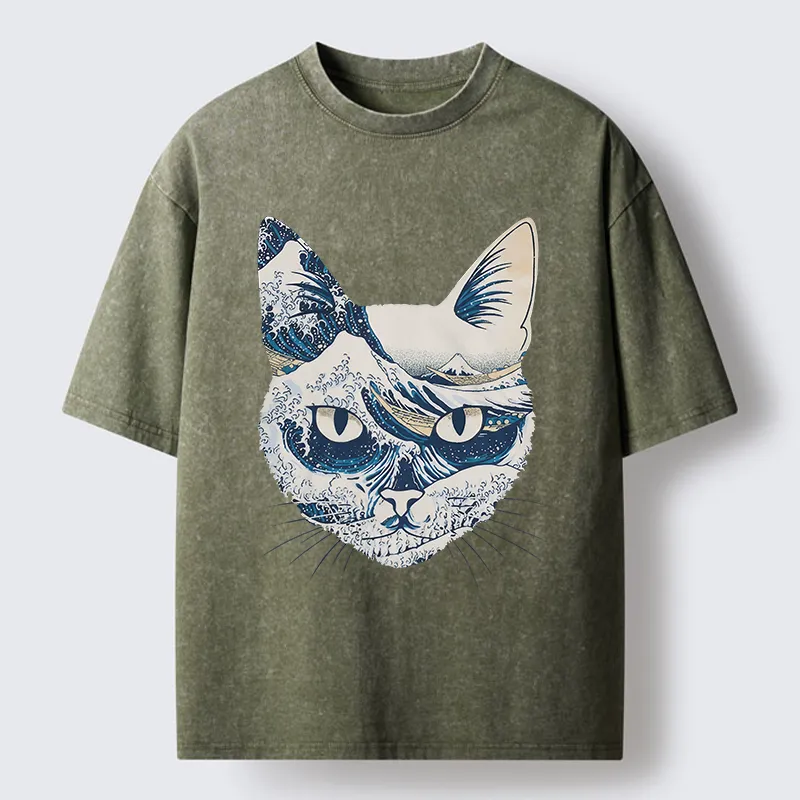 Tokyo-Tiger Ukiyo-e Waves And Cats Washed T-Shirt
