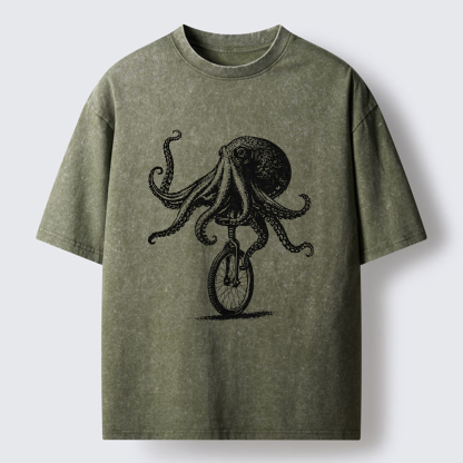 Tokyo-Tiger Octopus On A Unicycle Washed T-Shirt