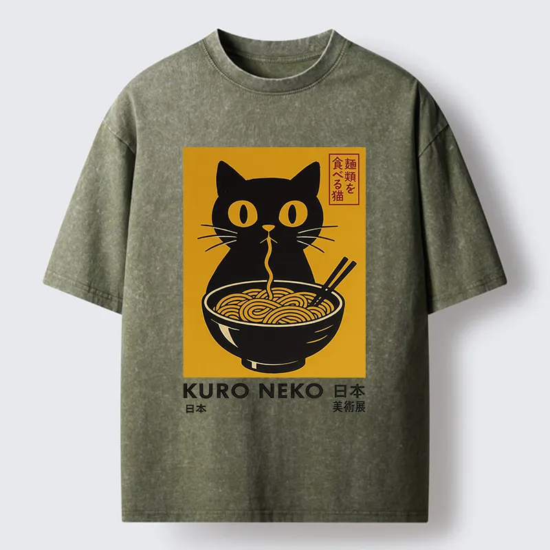 Tokyo-Tiger Cat Eating Ramen Poster Washed T-Shirt