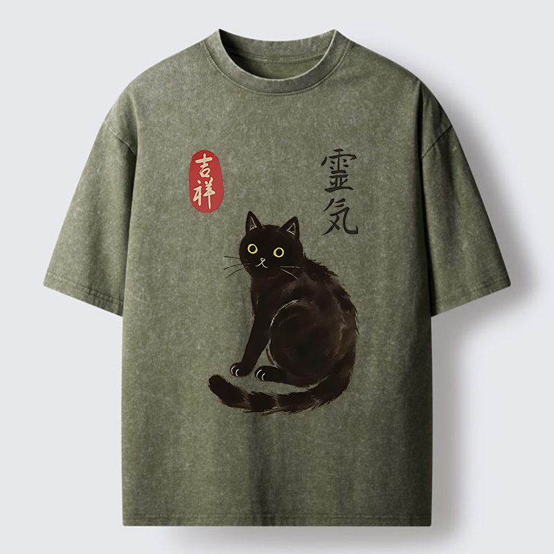 Tokyo-Tiger Japanese Black Cat Washed T-Shirt