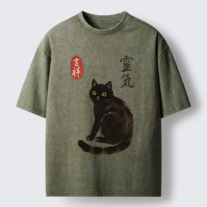 Tokyo-Tiger Japanese Black Cat Washed T-Shirt