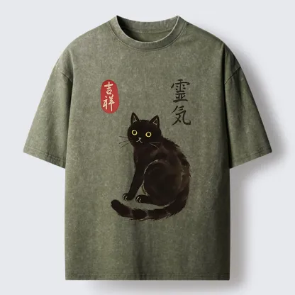 Tokyo-Tiger Japanese Black Cat Washed T-Shirt