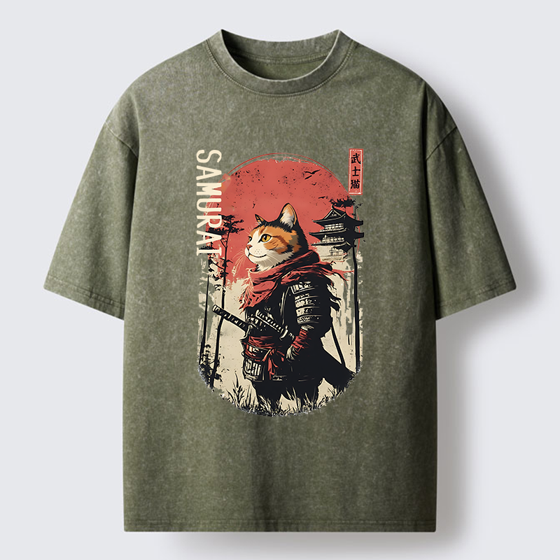 Tokyo-Tiger Lonely Cat Japanese Samurai Washed T-Shirt
