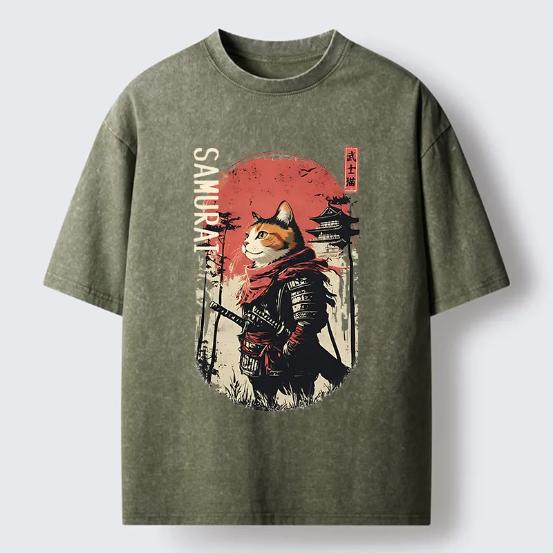 Tokyo-Tiger Lonely Cat Japanese Samurai Washed T-Shirt