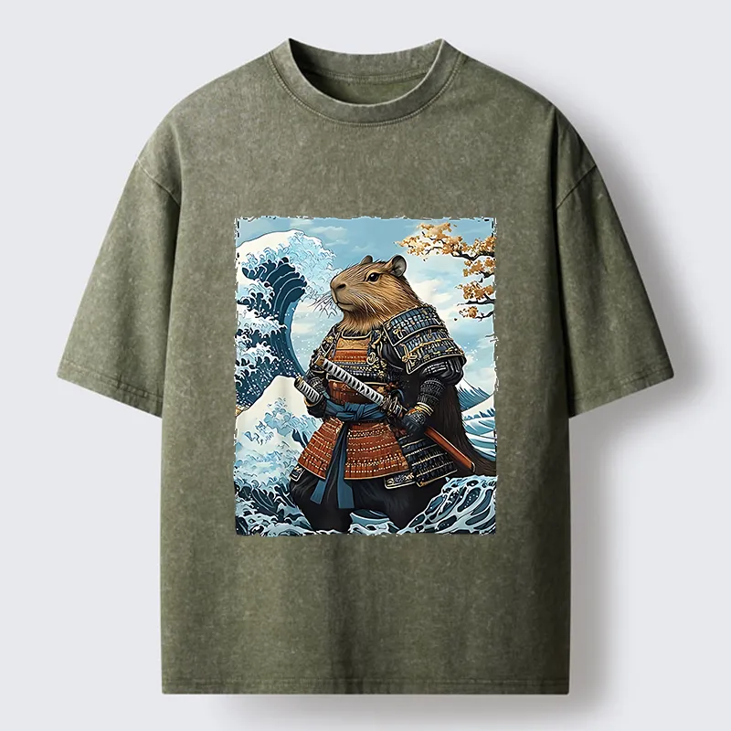 Tokyo-Tiger Capybara Japanese Samurai  And Waves Washed T-Shirt