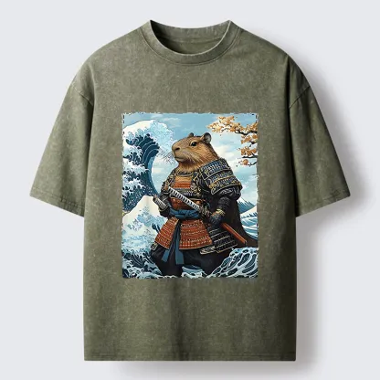 Tokyo-Tiger Capybara Japanese Samurai  And Waves Washed T-Shirt