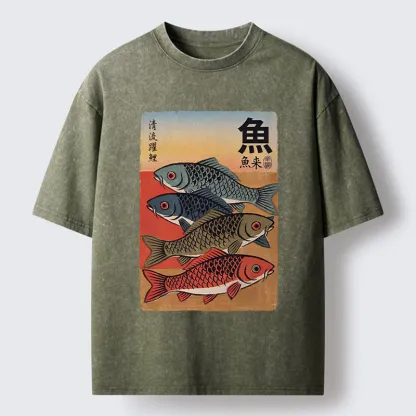 Tokyo-Tiger Retro Fish Poster Washed T-Shirt