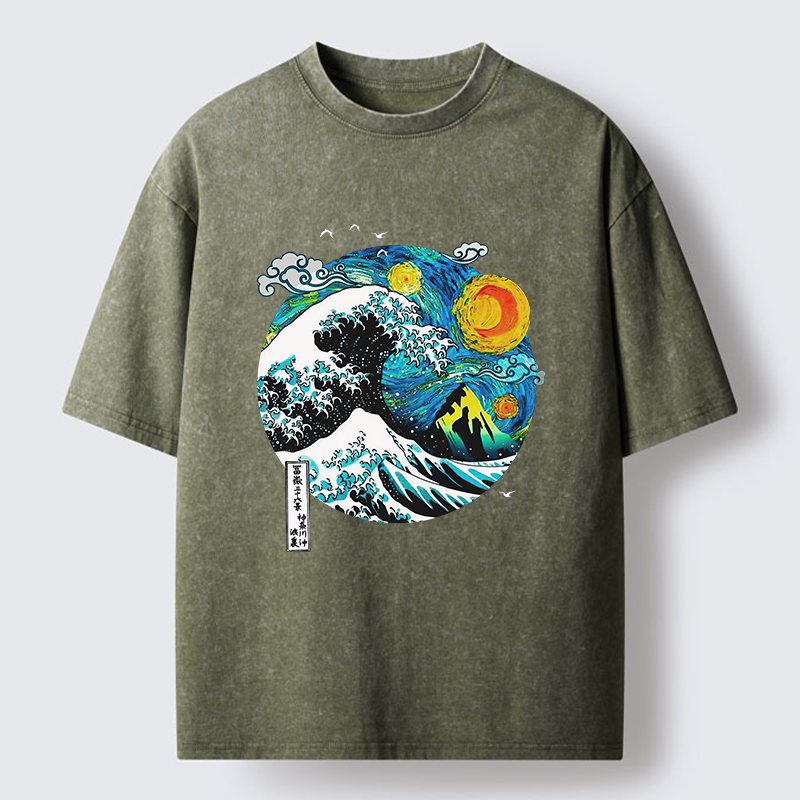 Tokyo-Tiger Oil Painting Ukiyo-e Wave Washed T-Shirt