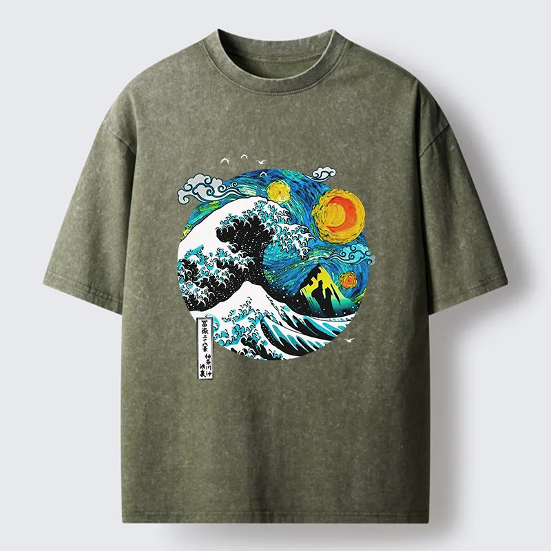 Tokyo-Tiger Oil Painting Ukiyo-e Wave Washed T-Shirt