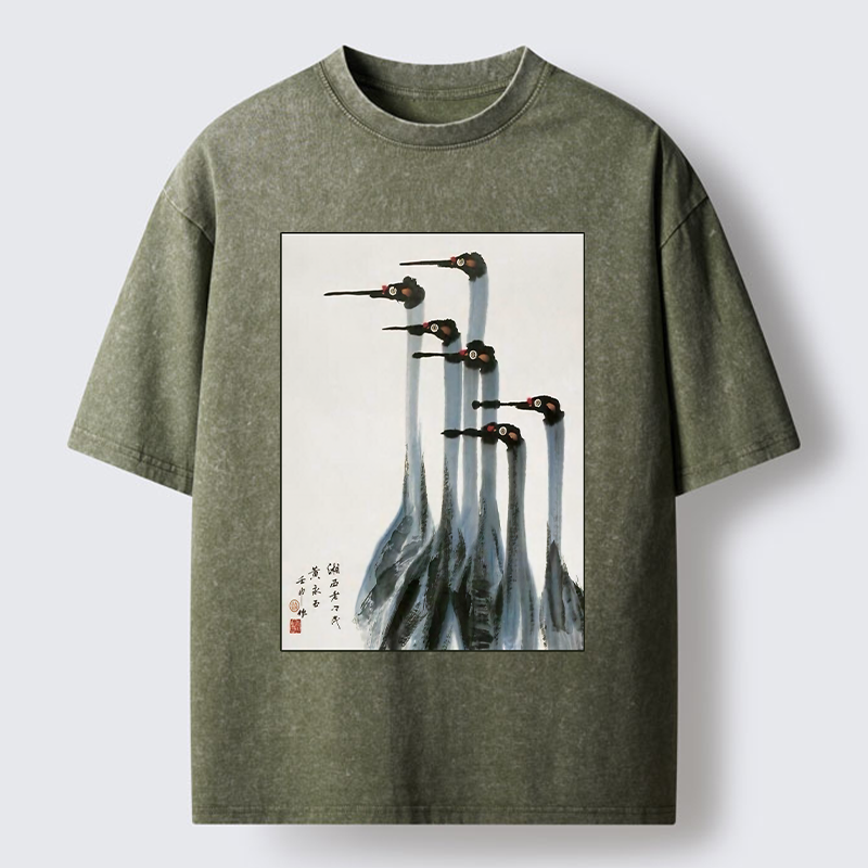 Tokyo-Tiger Retro Crane Painting Washed T-Shirt